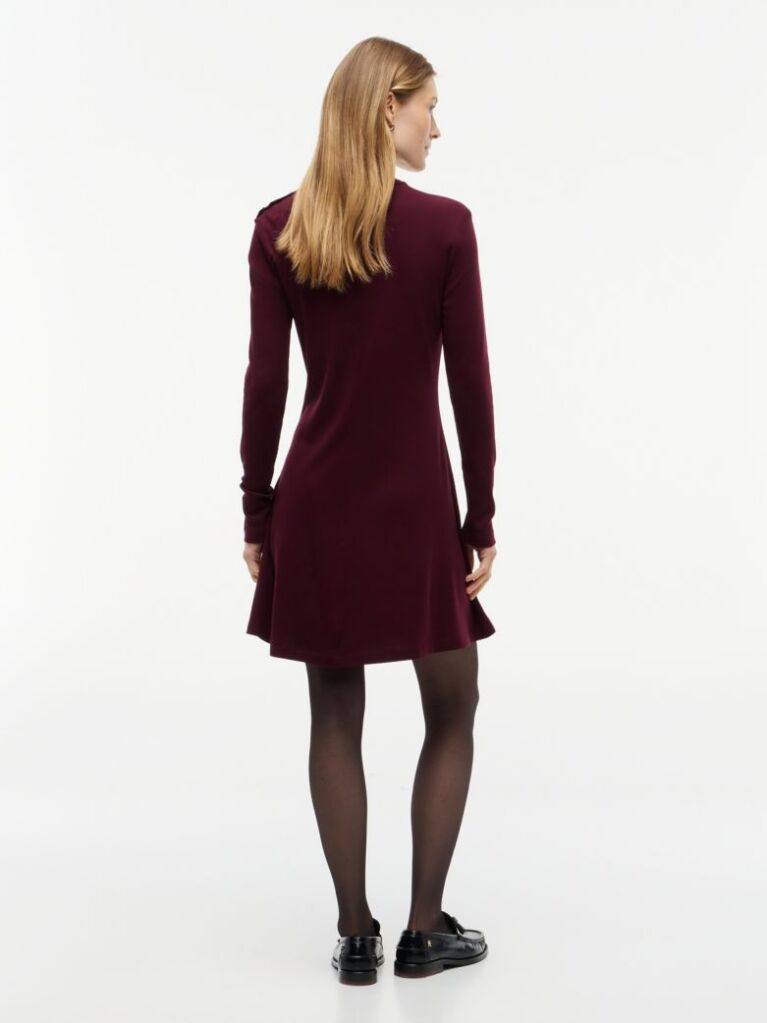 Red Gold-Tone Button Long Sleeve Midi Flare Dress  Women