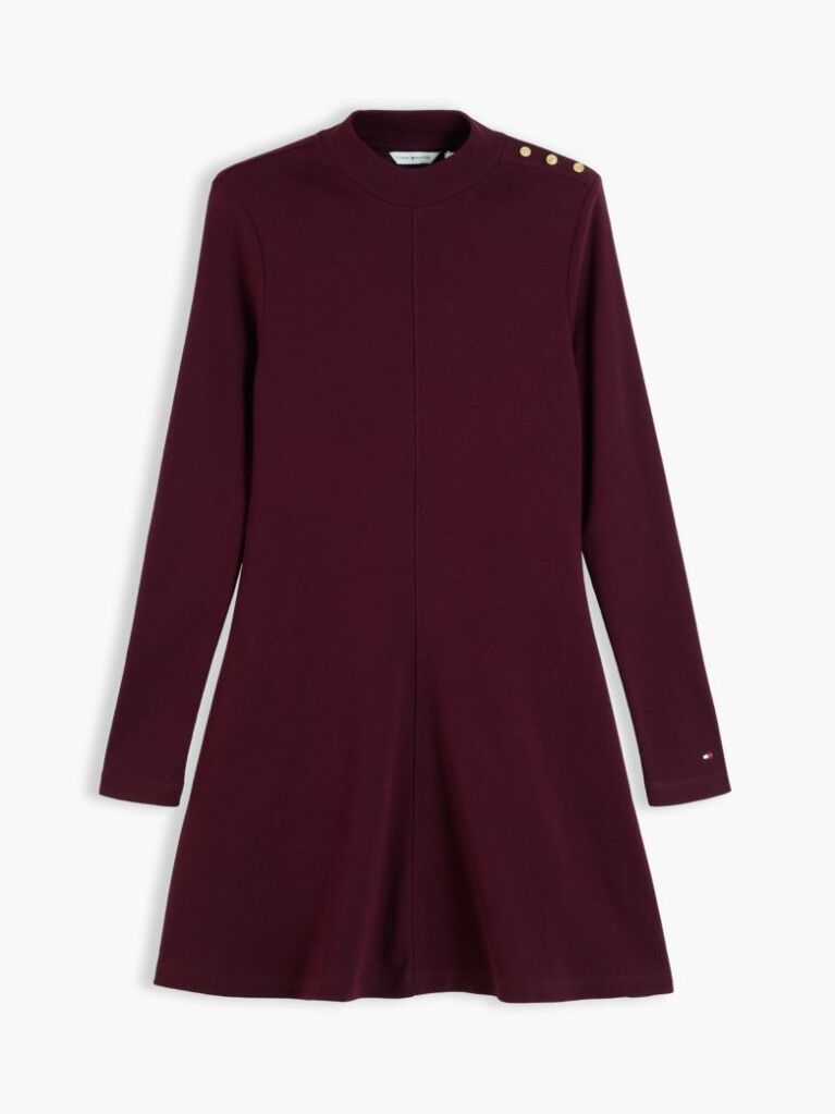 Red Gold-Tone Button Long Sleeve Midi Flare Dress  Women