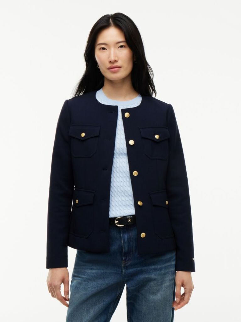 Blue Gold-Tone Button Collarless Slim Jacket  Women