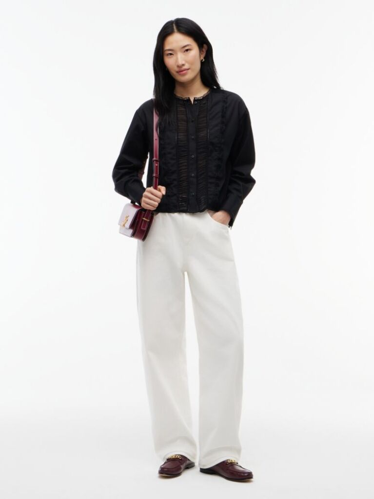 Black Boxy Fit Lace Trim Collarless Shirt  Women