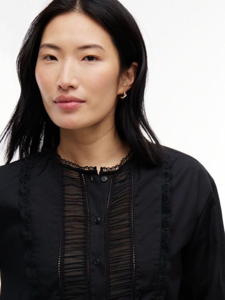 Black Boxy Fit Lace Trim Collarless Shirt  Women