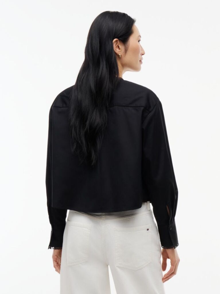 Black Boxy Fit Lace Trim Collarless Shirt  Women