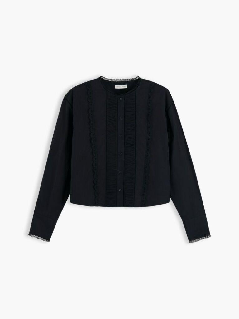 Black Boxy Fit Lace Trim Collarless Shirt  Women