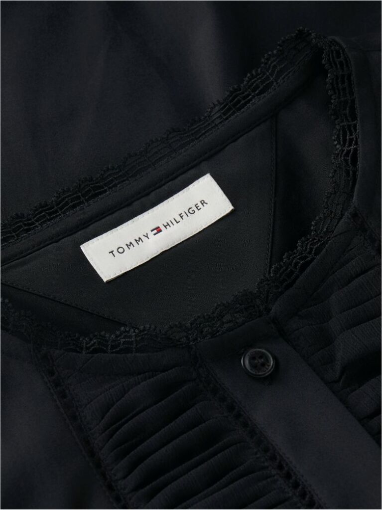 Black Boxy Fit Lace Trim Collarless Shirt  Women