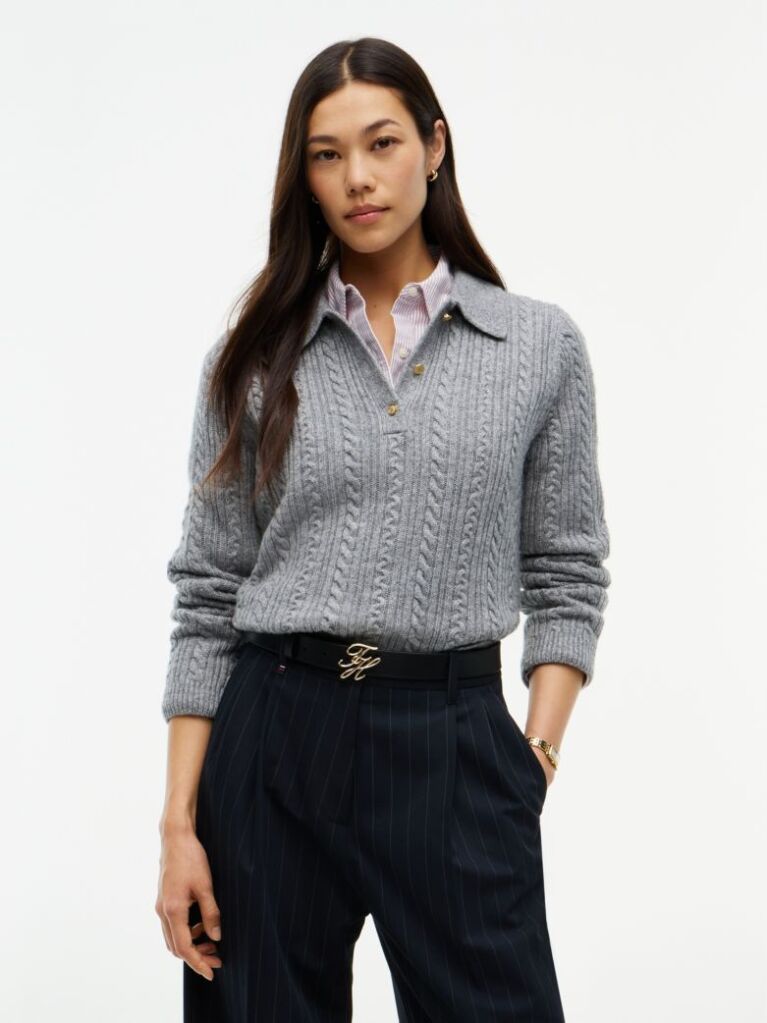 Grey Wool Blend Cable Knit Polo Jumper  Women