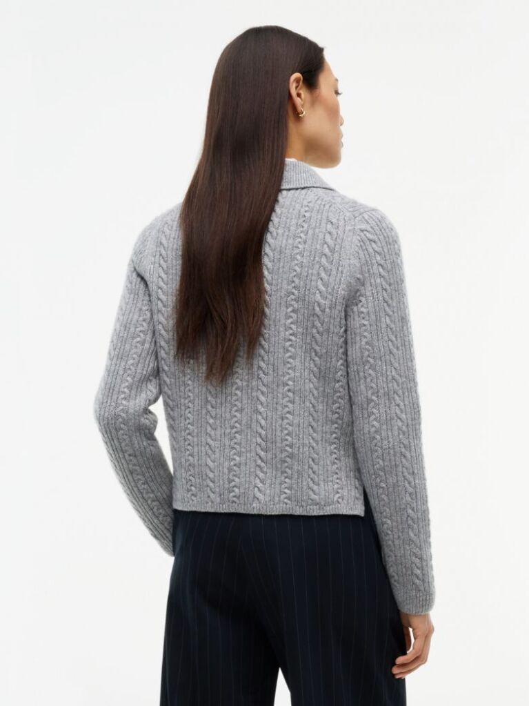 Grey Wool Blend Cable Knit Polo Jumper  Women