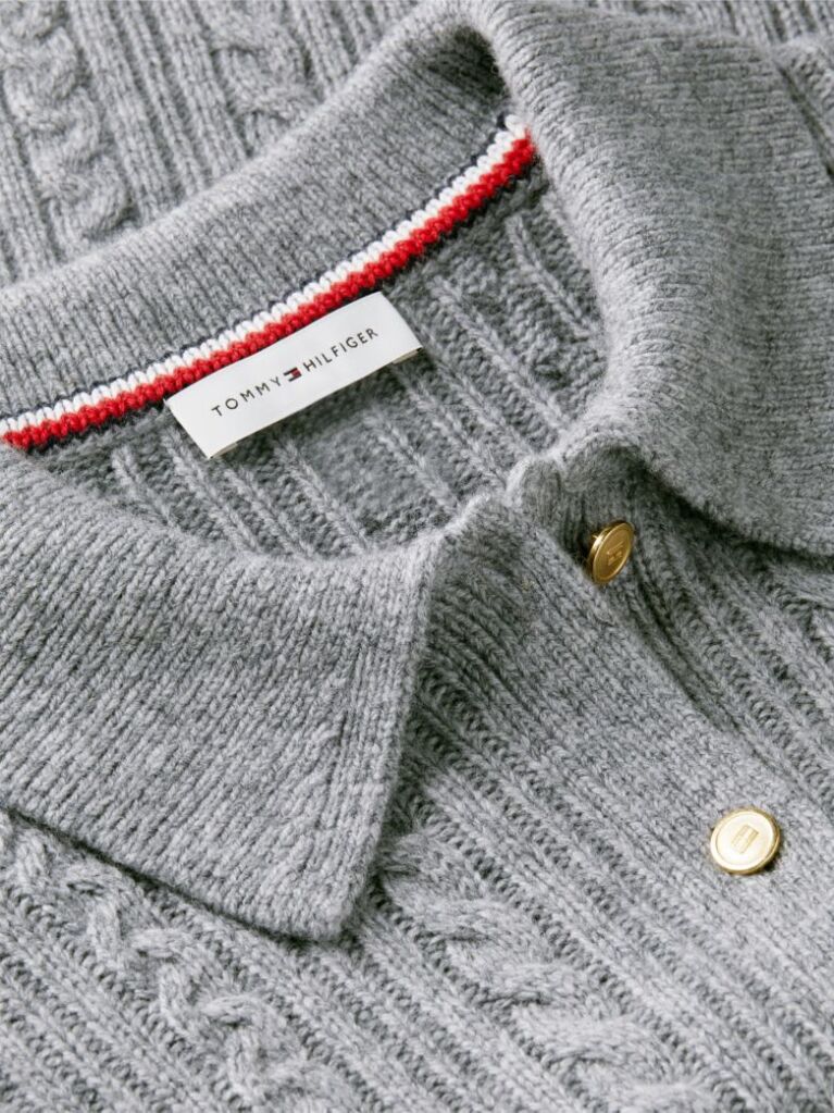 Grey Wool Blend Cable Knit Polo Jumper  Women