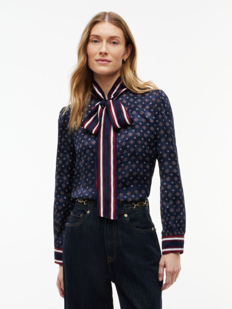 Blue Regular Fit Tie Neck Jacquard Shirt  Women