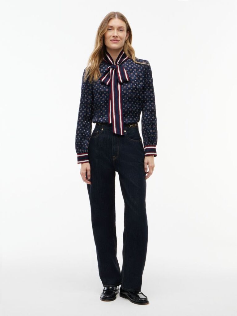 Blue Regular Fit Tie Neck Jacquard Shirt  Women