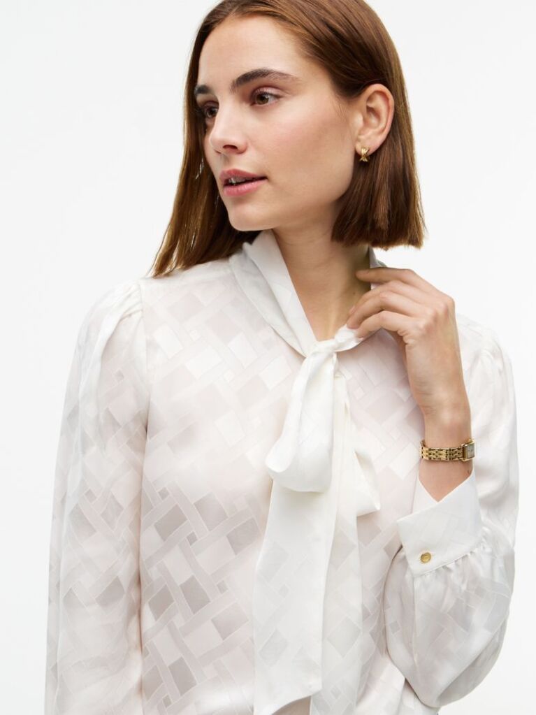 Beige Regular Fit Tie Neck Jacquard Shirt  Women