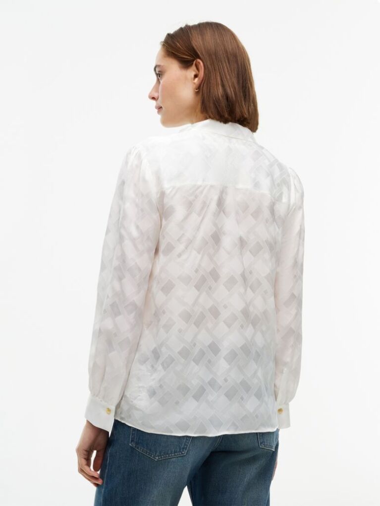 Beige Regular Fit Tie Neck Jacquard Shirt  Women