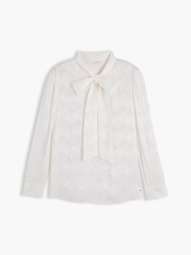 Beige Regular Fit Tie Neck Jacquard Shirt  Women