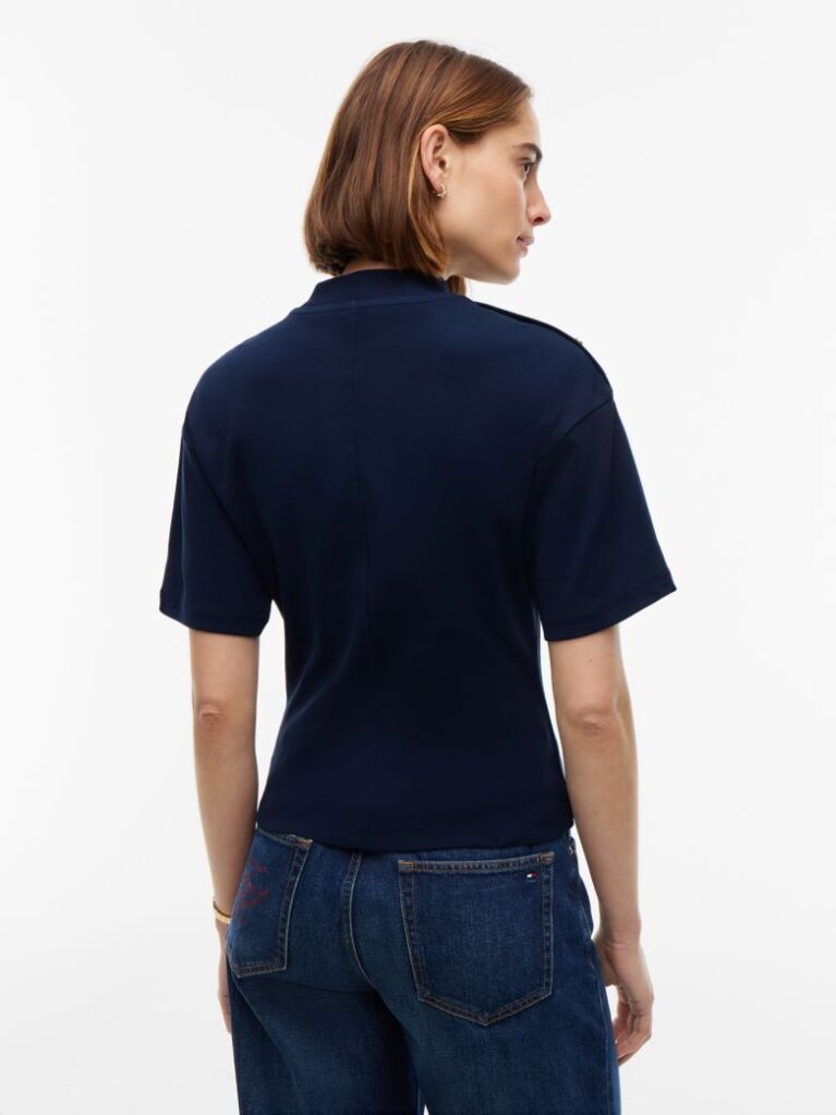 Blue Gold-Tone Button Mock Neck T-Shirt  Women