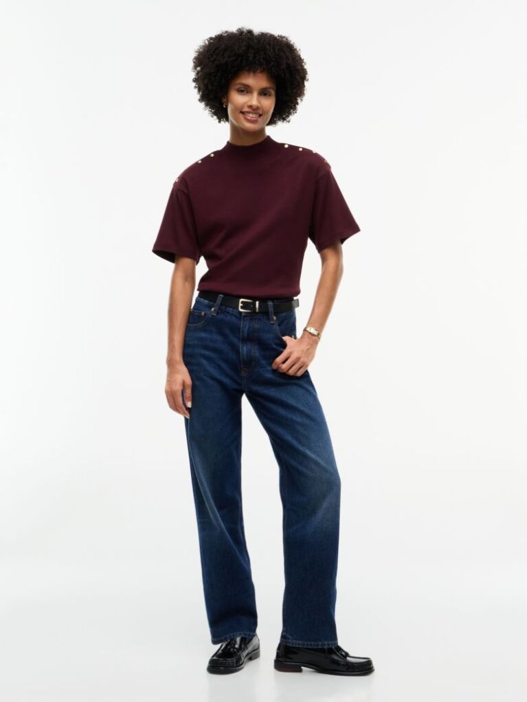 Red Gold-Tone Button Mock Neck T-Shirt  Women