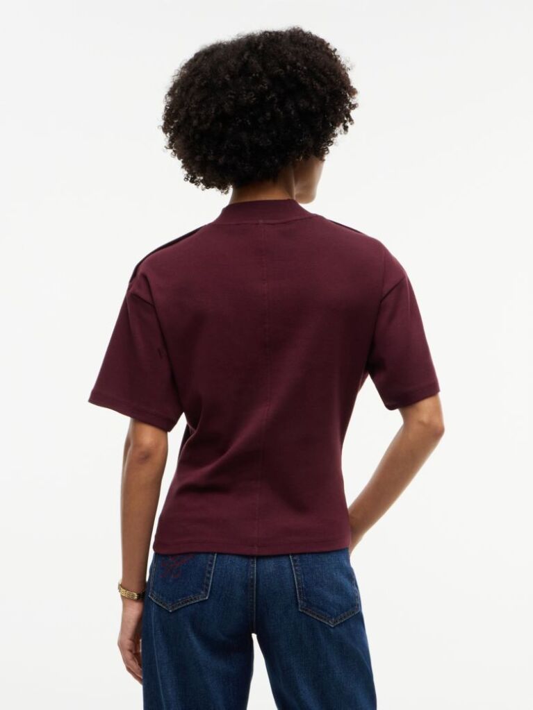 Red Gold-Tone Button Mock Neck T-Shirt  Women