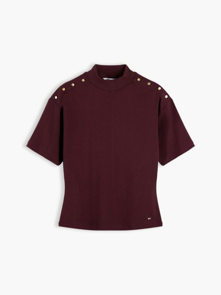 Red Gold-Tone Button Mock Neck T-Shirt  Women