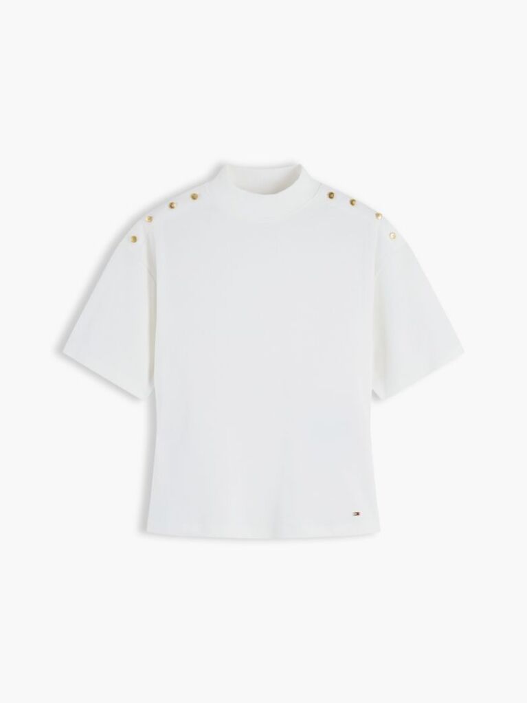 Μπεζ T-Shirt Με Χρυσά Κουμπιά Και Λαιμόκοψη Mock  Γυναίκες