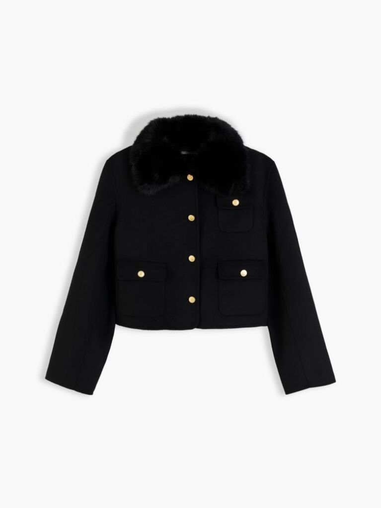 Black Faux Fur Collar Wool Blend Jacket  Women