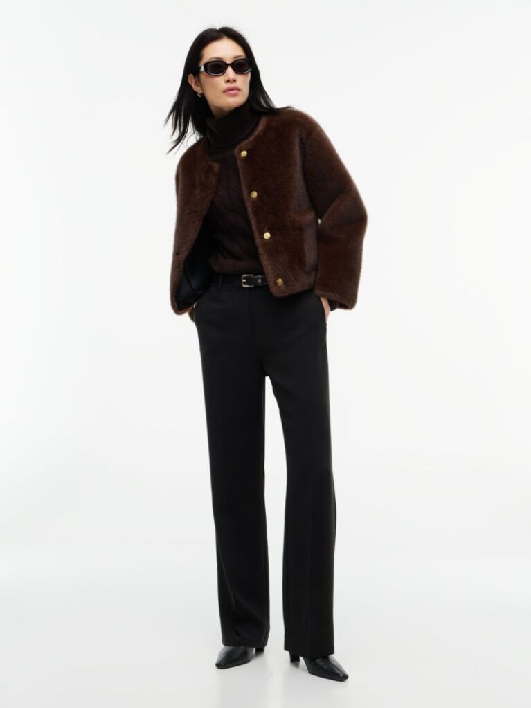 Καφέ Τζάκετ Από Συνθετική Γούνα Χωρίς Γιακά  Γυναίκες